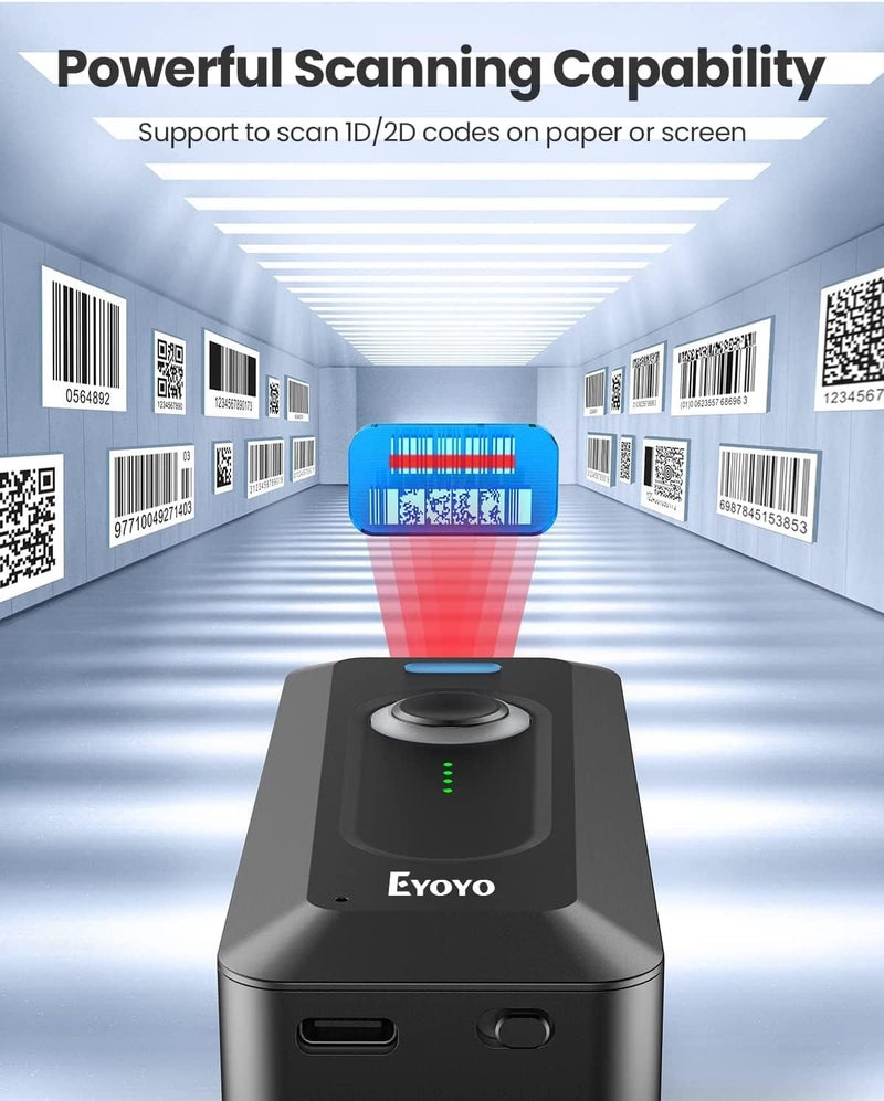 EYOYO ماسح باركود بلوتوث 2D لاسلكي مع مشبك، بطارية 2000 مللي أمبير مع مؤشر مستوى، قارئ باركود QR محمول صغير لجرد كتب المكتبة متوافق مع آيفون، آيباد، هاتف أندرويد - Image 4